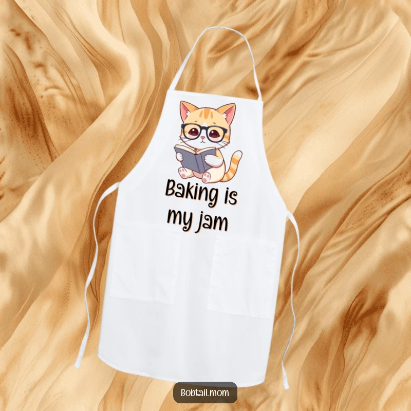 Funny Bobtail cat wearing spectacles, looking like a chef, while reading a cookbook on a practical apron.