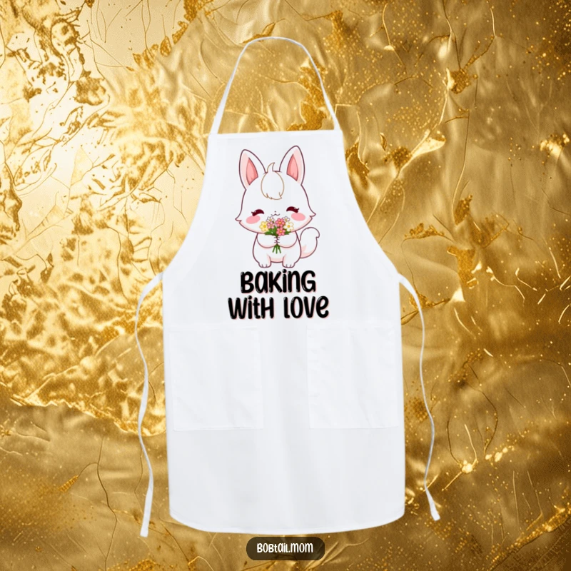 Funny Bobtail Apron: A shy bobtail cat offering flowers, perfect for a heartwarming and humorous cooking accessory.