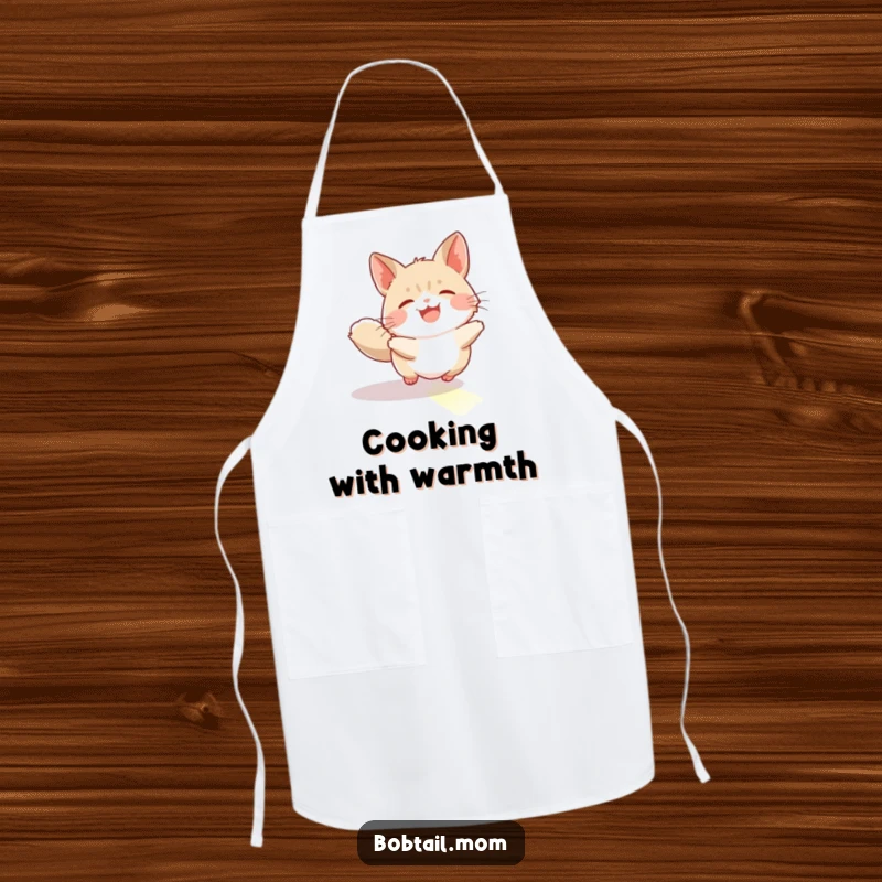 Funny Bobtail Apron: A bobtail cat joyfully chasing a sunbeam, perfect for a happy and humorous cooking accessory.