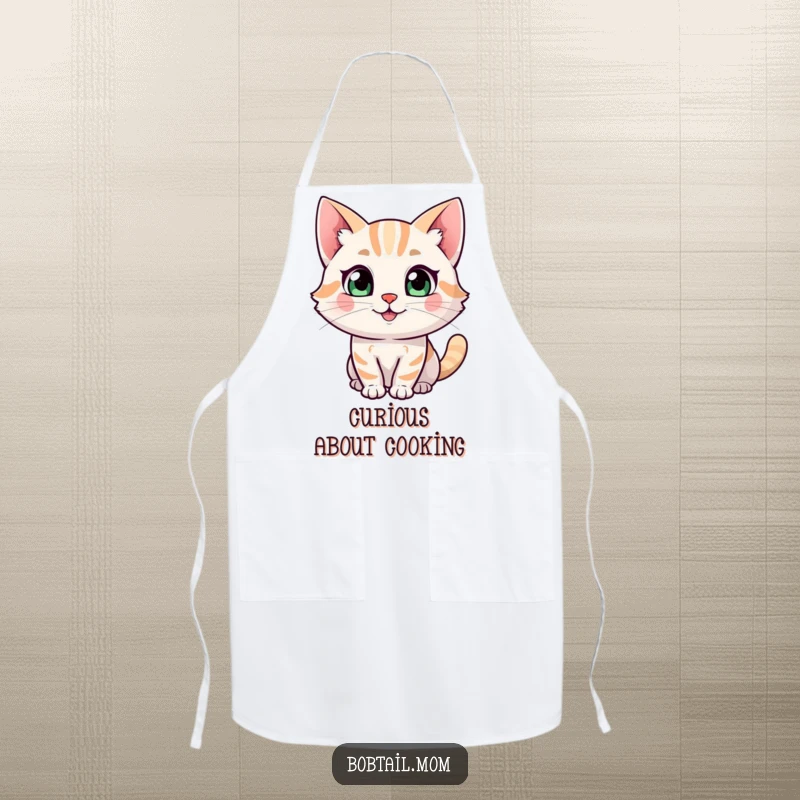Funny Bobtail cat character apron, illustrated with a happy expression and a curious glance, perfect for kitchen adventures.
