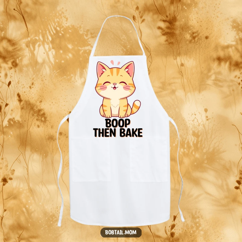 Funny Bobtail cat apron featuring a friendly cat offering a gentle head boop, perfect for adding feline fun to kitchen tasks.