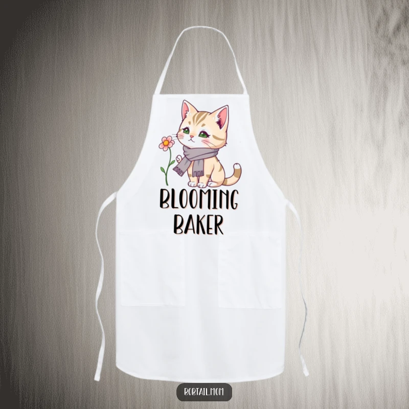 Funny Bobtail Cat Apron: A bobtail cat in a small scarf admiring a flower is ready for kitchen fun.