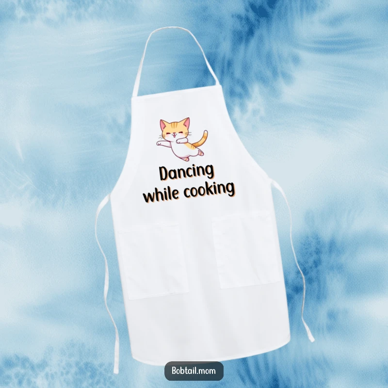 Funny Bobtail cat wearing ballet slippers, in a graceful leap, making this apron a stylish and humorous dance essential.