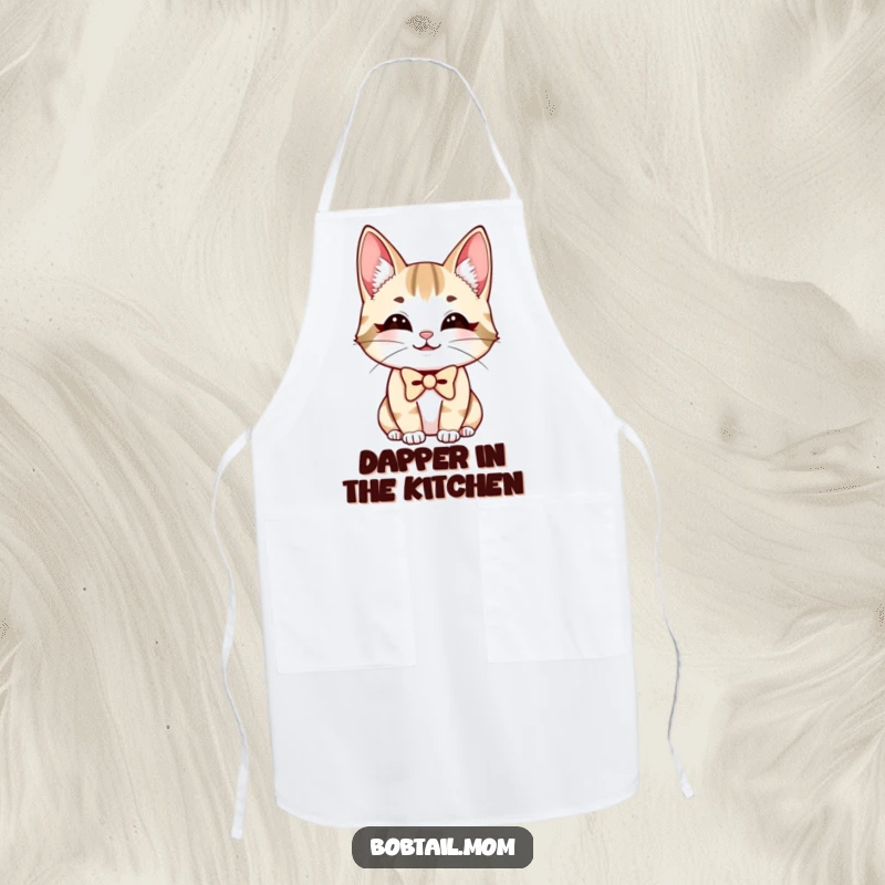 Funny Bobtail Cat Apron depicting a charmingly smiling cat wearing a smart bowtie, ideal for kitchen humor.