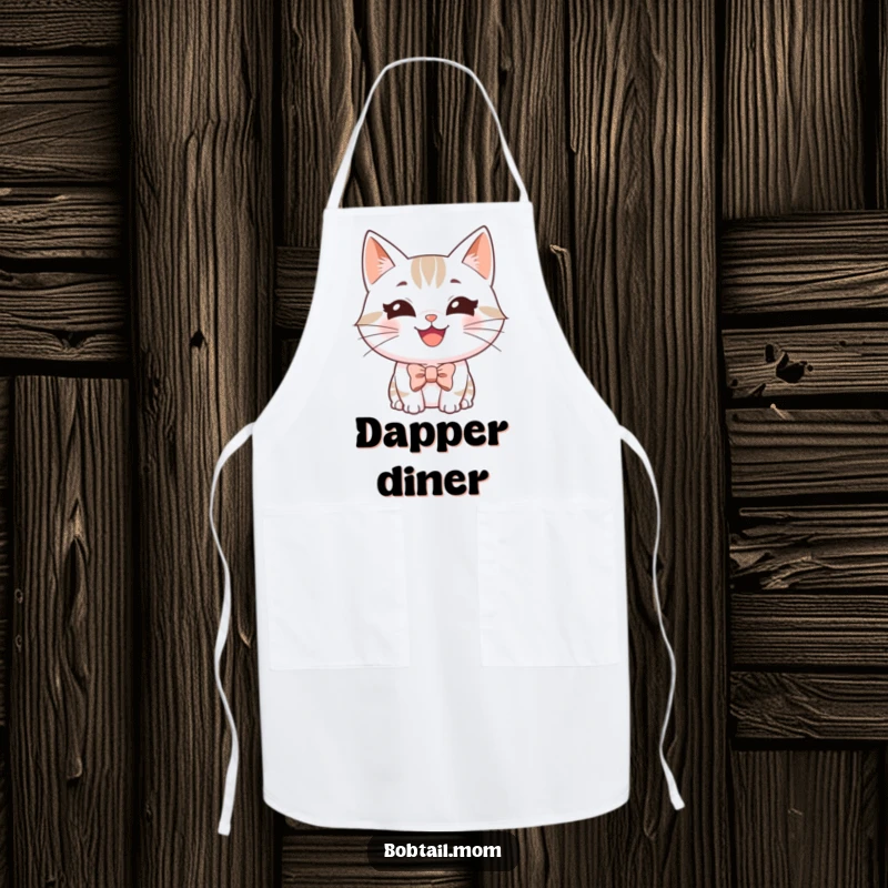 Funny Bobtail cat apron showing a happy, grinning cat wearing a tiny bowtie, perfect for a charming cook.