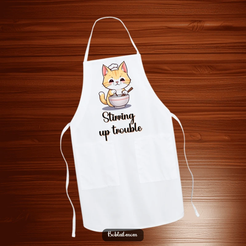 Funny Bobtail cat chef wearing a tiny hat, stirring a miniature bowl, featured on a practical, humorous apron.