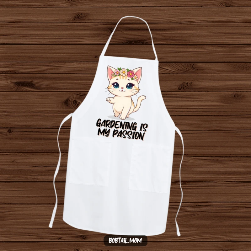 Funny apron featuring a bobtail cat wearing a flower crown, prancing gaily, designed for cheerful kitchen activities.