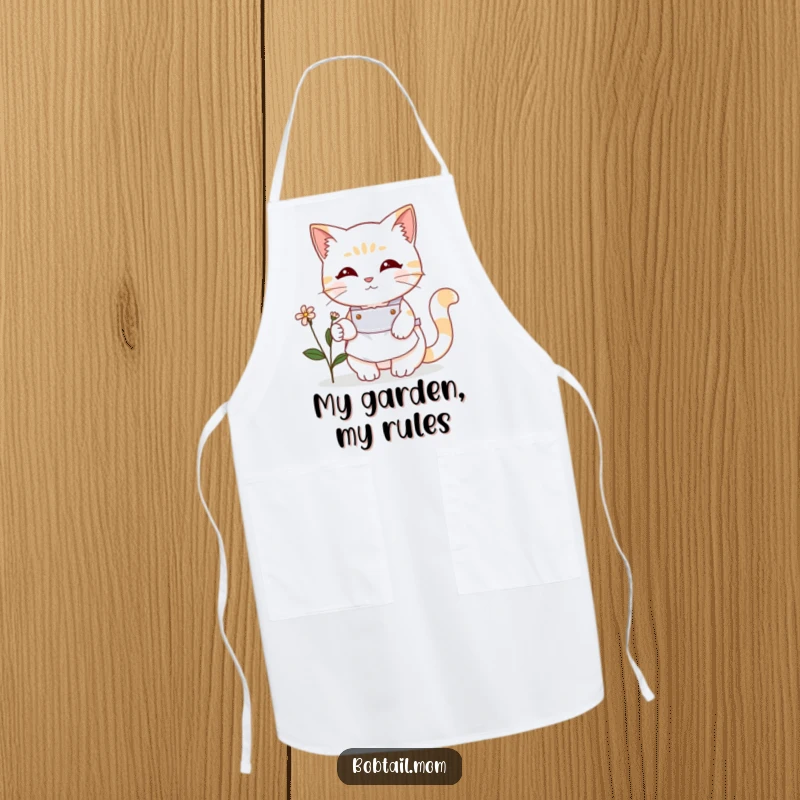 Funny Bobtail cat in a cute apron tending a small flower. A humorous apron for gardeners, a great funny gift.