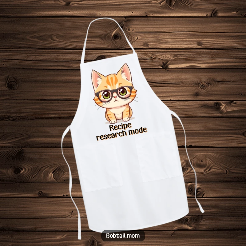 Funny bobtail cat wearing glasses, looking curious, ready to cook in a kitchen apron.