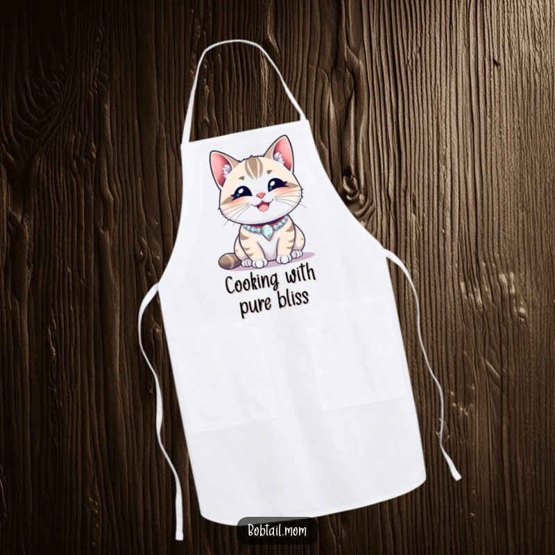 Funny Bobtail cat wearing a sparkling collar, smiling contentedly. A humorous apron for happy creators, a great funny gift.