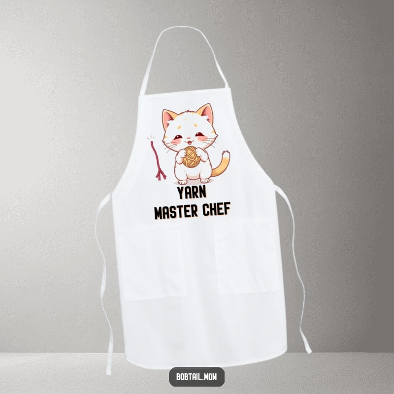 Funny apron showcasing a playful Bobtail cat batting at a dangling yarn ball, perfect for a fun kitchen.