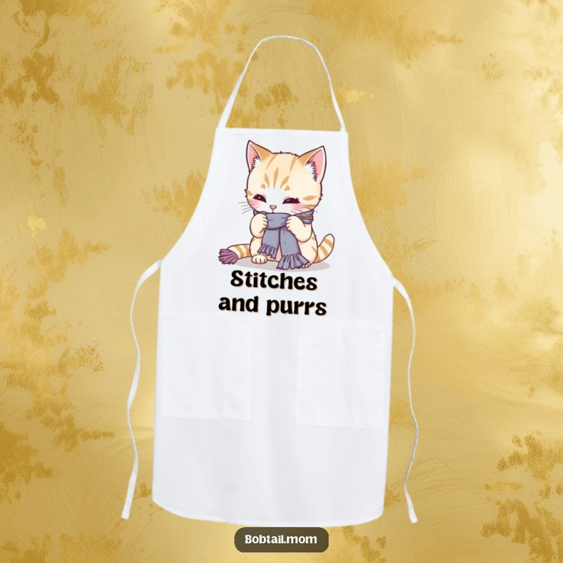 Funny Bobtail cat focused on knitting a scarf, yarn tangled adorably. A humorous apron for crafters and chefs, a great funny gift.