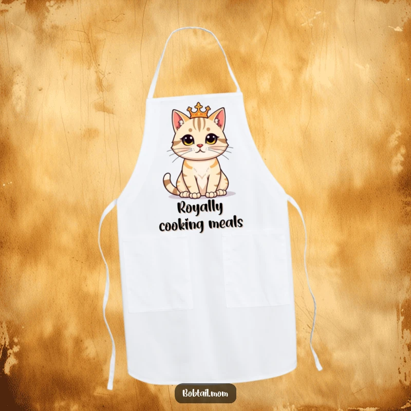 Funny Bobtail Cat Apron depicting a proud feline sitting regally, perfect for humorous and dignified kitchen tasks.