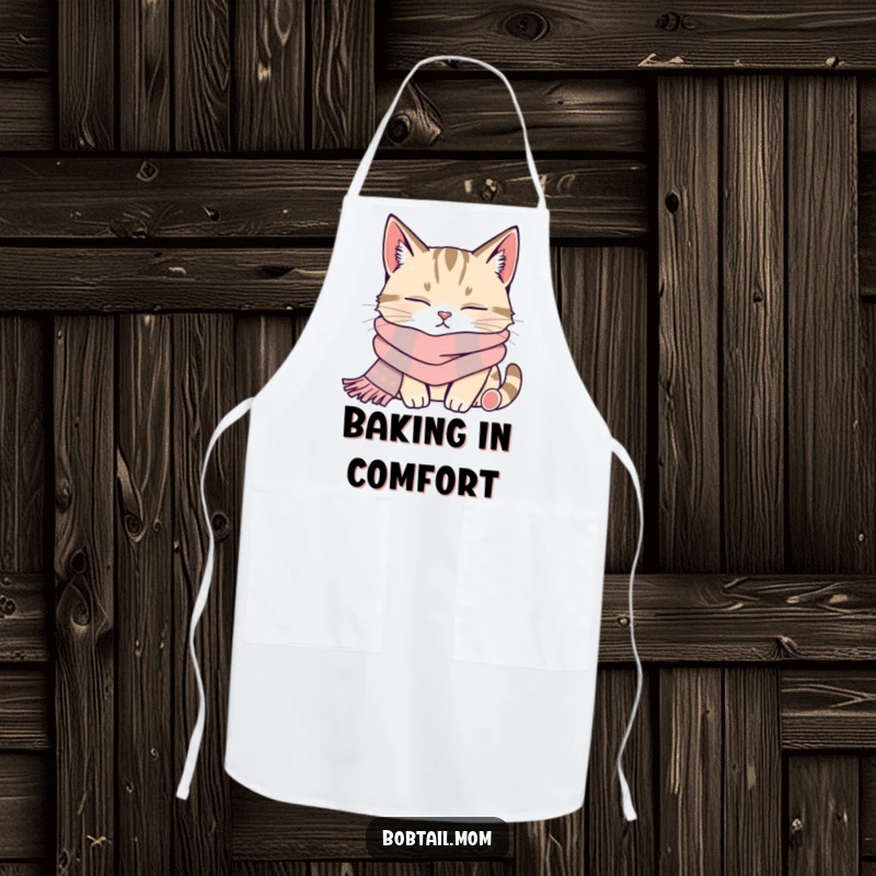 Funny bobtail cat wearing a scarf, napping peacefully, on a kitchen apron for cozy cooking.