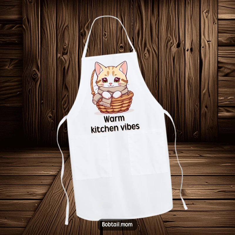 Funny Bobtail cat apron showing a cat with a cozy scarf peeking from a basket, perfect for a charming cook.