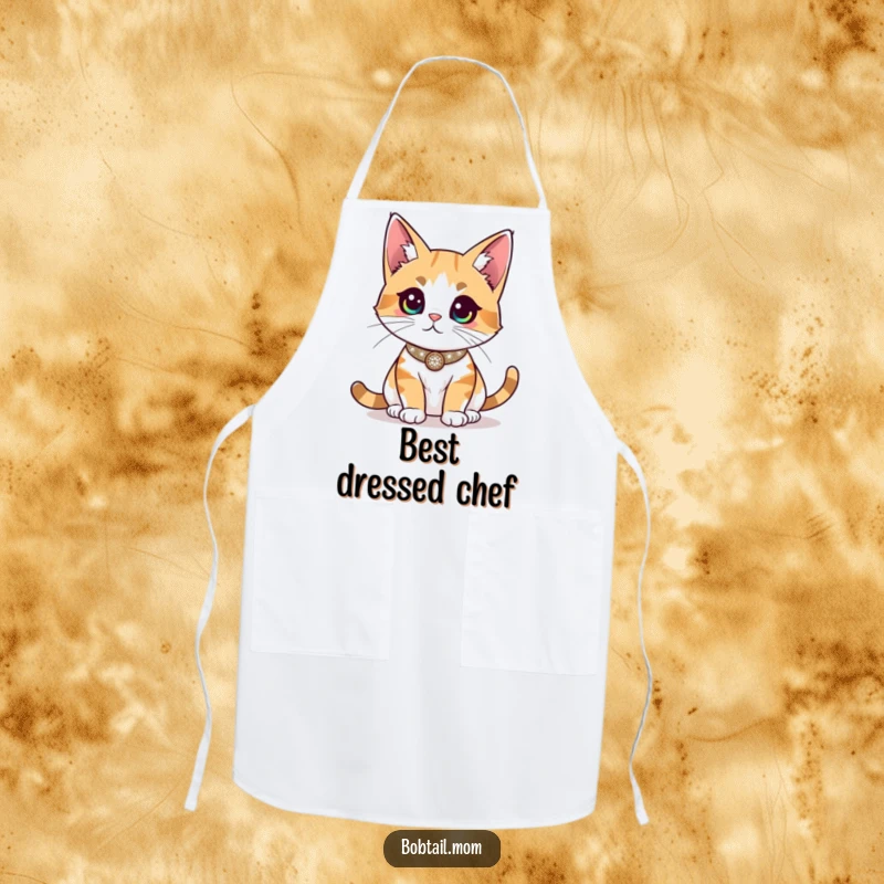 Funny Bobtail cat wearing a sparkly collar, surveying the room, making this apron a glamorous and humorous kitchen essential.