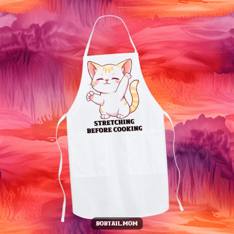 Funny Bobtail Cat Apron showing a graceful feline in a gentle stretch, adding a humorous touch to cooking.