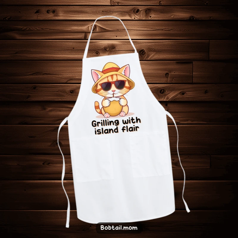 Funny apron featuring a bobtail cat wearing a sun hat, sipping from a coconut, designed for tropical fun.