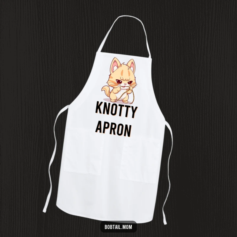 Funny Bobtail Kitchen Apron illustrating a dog with a determined expression, trying to untangle a string, perfect for focused culinary moments.