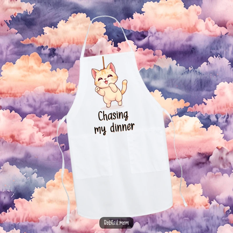 Funny Kawaii Bobtail Cat Apron depicting a cute cat character actively pouncing on a dangling string, adding humor to kitchen activities.