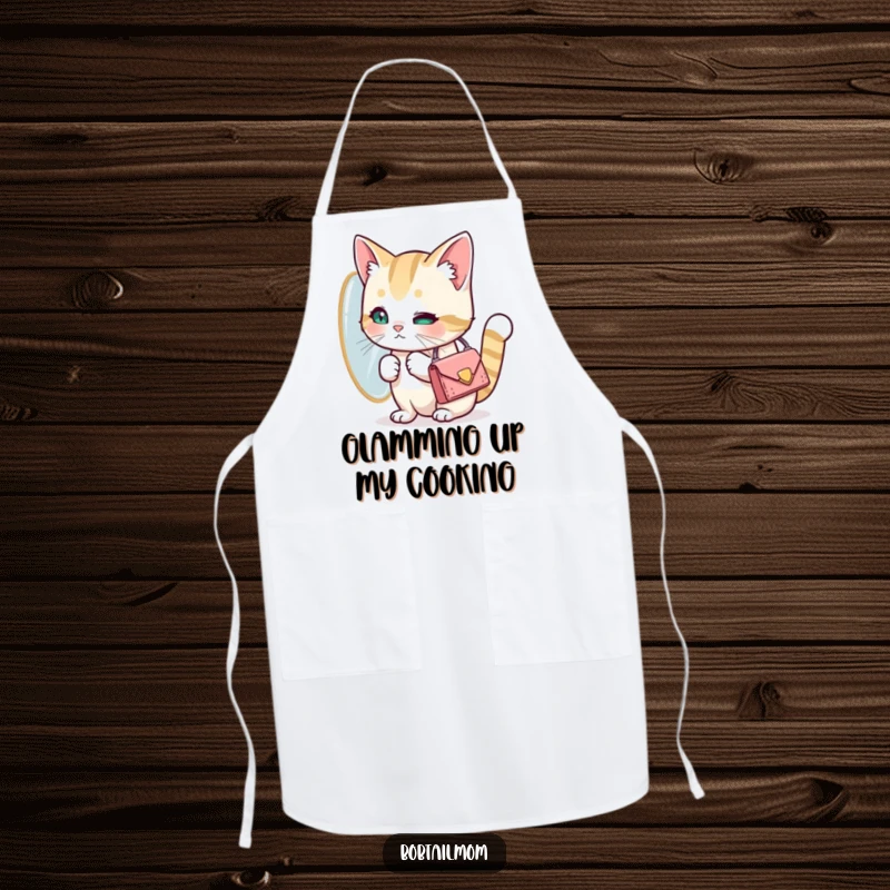 Funny Bobtail cat with a tiny purse looking at its reflection. A humorous apron for creatives, a great funny gift.