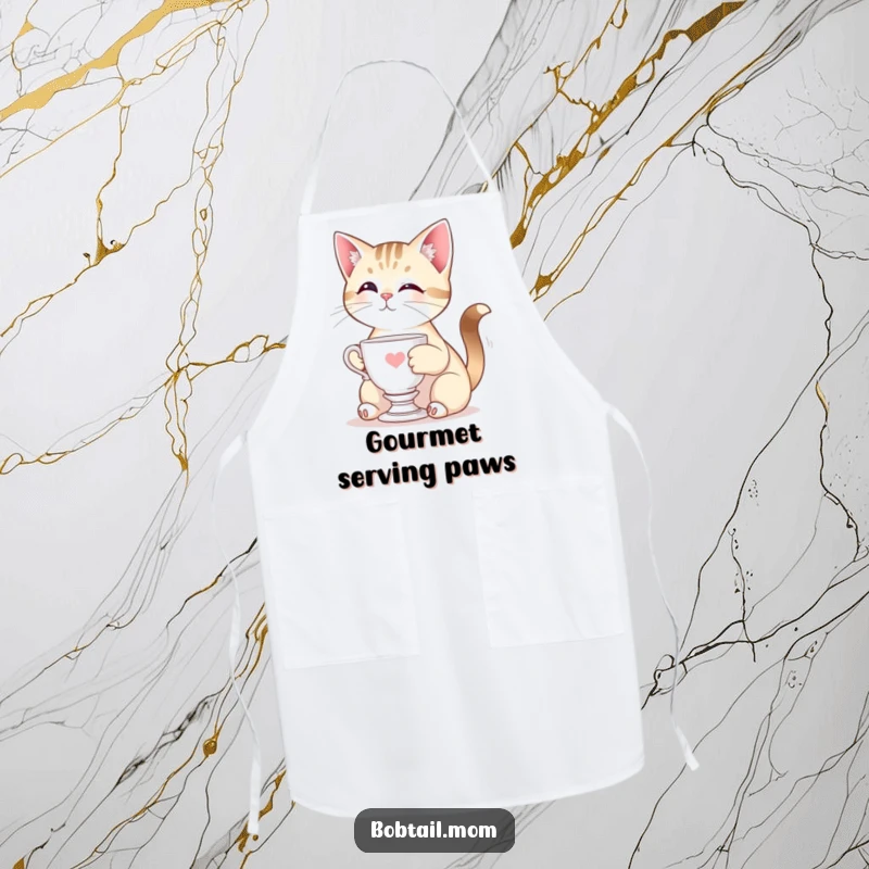 Funny Bobtail cat elegantly posing with a miniature teacup, making this apron a fashionable and humorous kitchen essential.