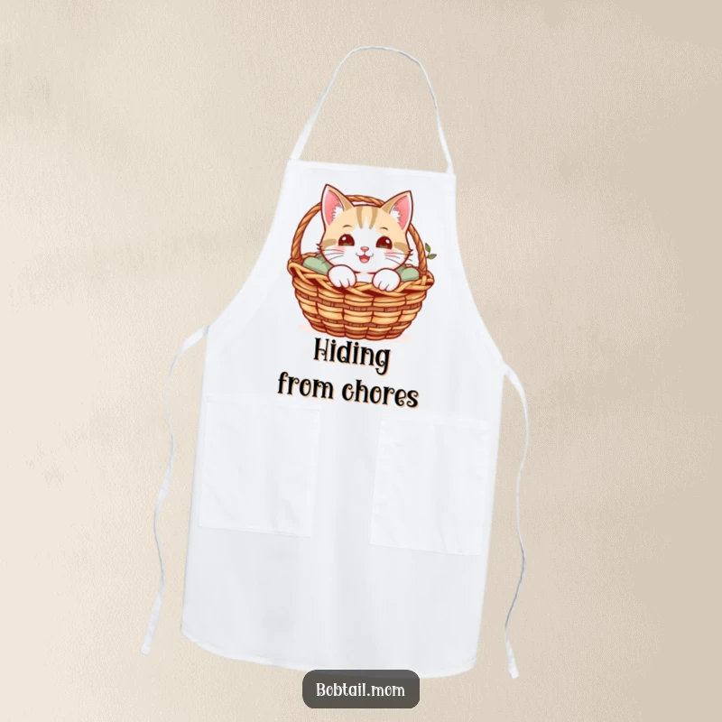 Funny apron showcasing a cheerful Bobtail cat peeking from a cozy basket, perfect for a warm kitchen.