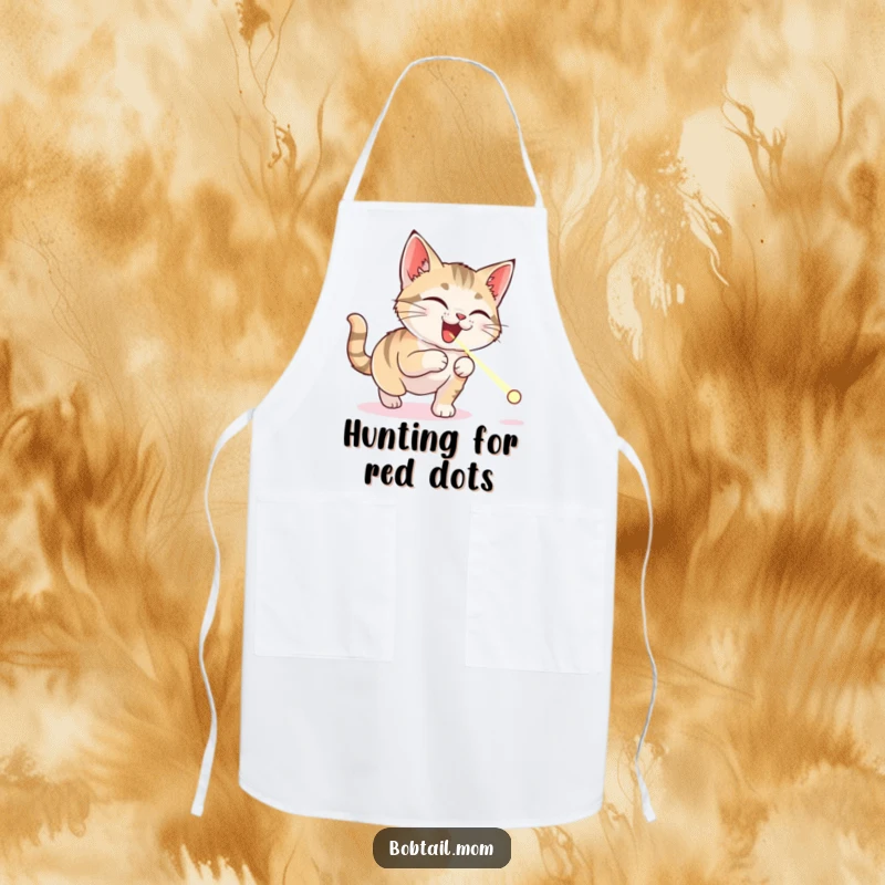 Funny Bobtail cat apron featuring a delighted cat ready to pounce on a laser pointer dot, inspiring humorous kitchen antics.
