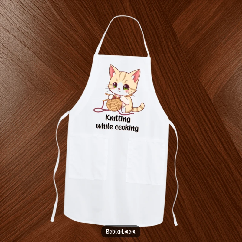 Funny bobtail cat knitting with yarn and needle, making this a humorous and practical apron for crafters.