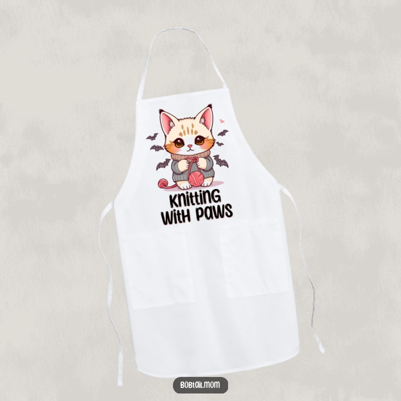 Funny Bobtail cat in a charming sweater, playfully batting yarn, making this apron a delightful and humorous kitchen essential.