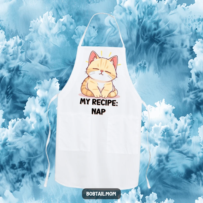Funny Bobtail cat peacefully napping in a sunbeam, printed on a functional kitchen apron.
