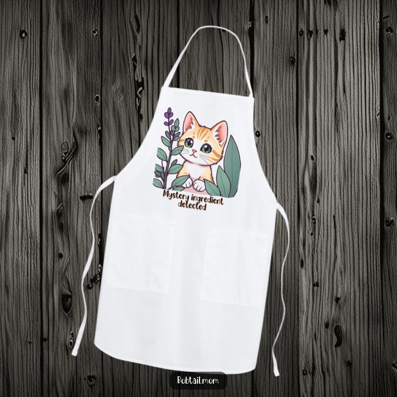 Funny Bobtail cat with wide eyes peeking from behind a plant, printed on a functional kitchen apron.
