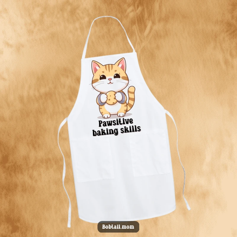 Funny Bobtail cat in oven mitts, holding a delightful cookie, making this apron a humorous and practical kitchen essential.