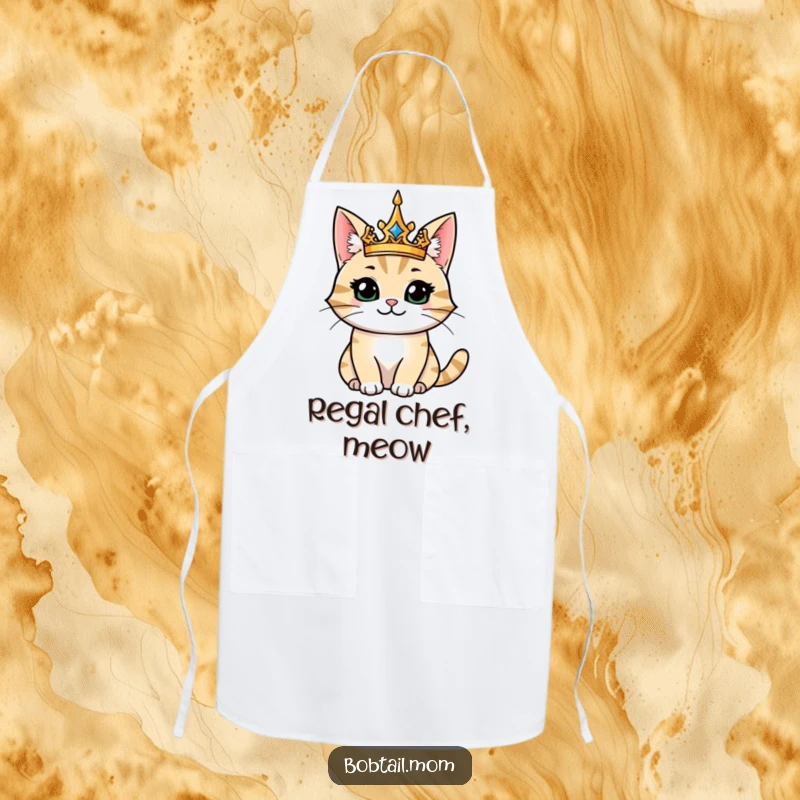 Funny apron showcasing a majestic bobtail cat king, ready to oversee culinary creations with regal authority and a smile.