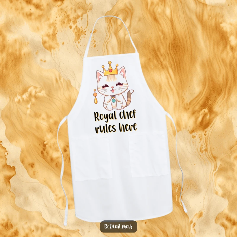Funny Royal Bobtail Cat Apron: Cat with a crown batting a charm, adding playful regal humor to cooking.