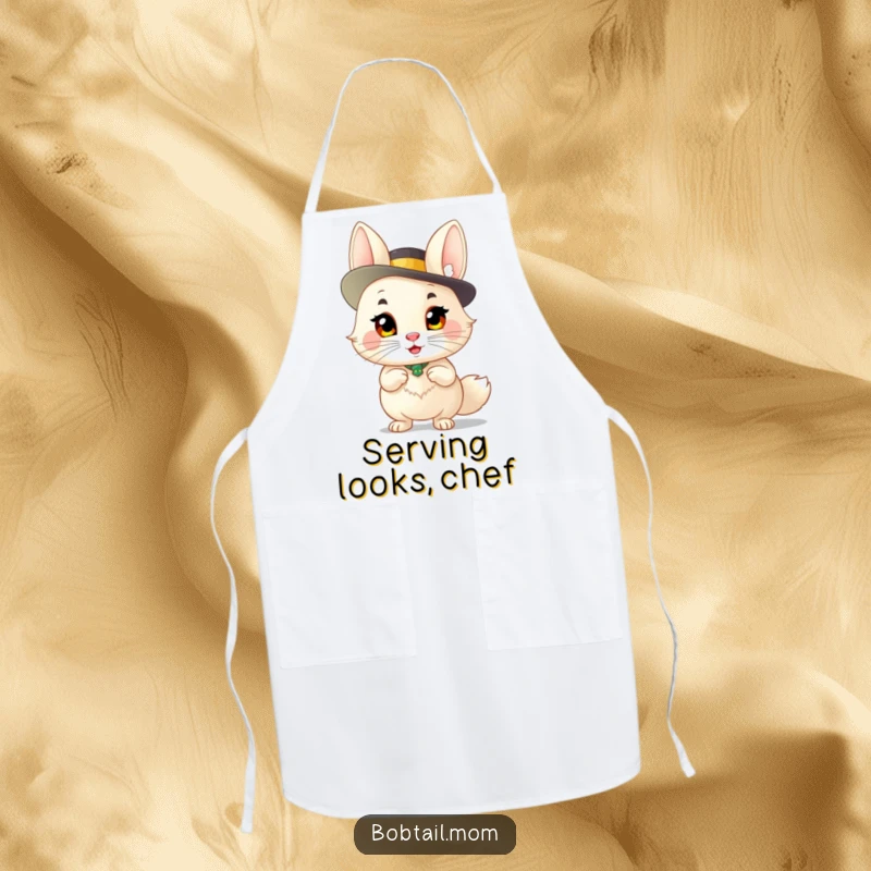 Funny Bobtail Apron: A sassy bobtail cat in a fancy hat, ready for the kitchen, making it a humorous cooking accessory.