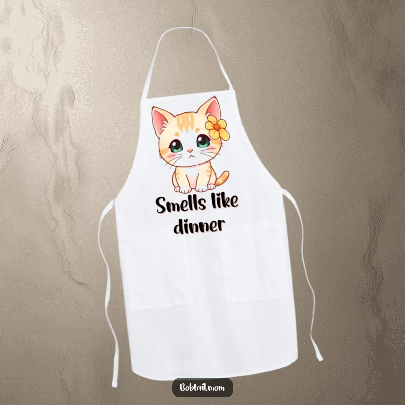 Funny Bobtail cat with a flower behind its ear, looking curious, featured on a practical, stylish apron.