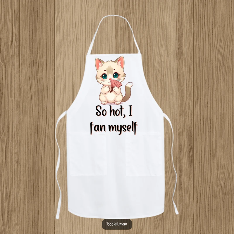 Funny chic Bobtail cat fanning itself with a decorative fan. A humorous apron for chefs and home cooks, a great funny gift.