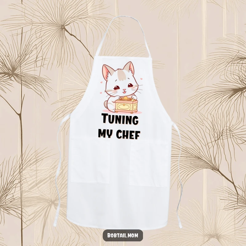 Funny Bobtail Kitchen Apron, illustrating a dog with twitching ears, engrossed in a tiny music box, perfect for a humorous cooking experience.
