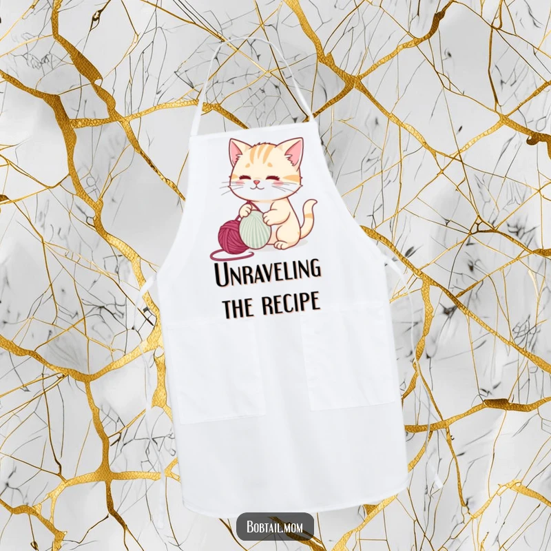 Funny bobtail cat wearing an apron, playfully attacking a ball of yarn, ready for kitchen adventures.