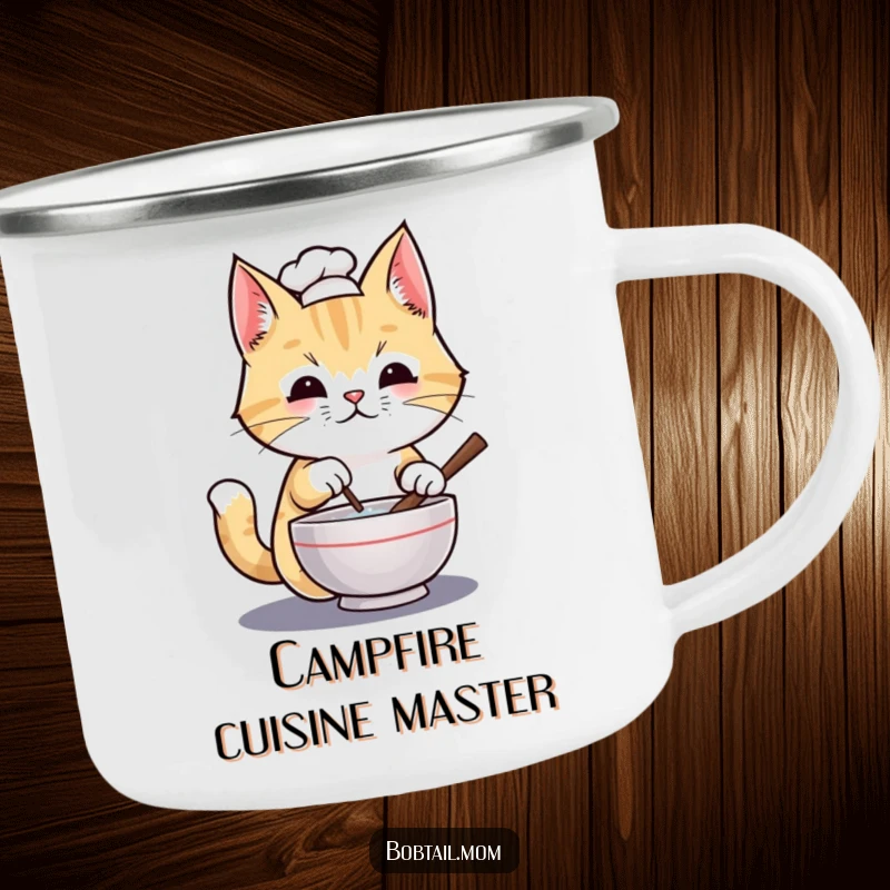 Funny Bobtail cat chef wearing a tiny hat, stirring a miniature bowl, designed for a durable, humorous camping mug.
