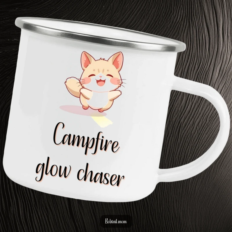 Funny Bobtail Camping Mug: A bobtail cat joyfully chasing a sunbeam, perfect for a happy and humorous outdoor gift.