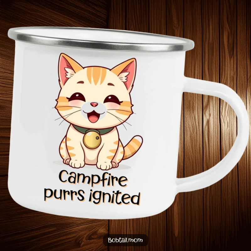 Funny Bobtail cat with a bell collar, purring loudly, on a durable camping mug.
