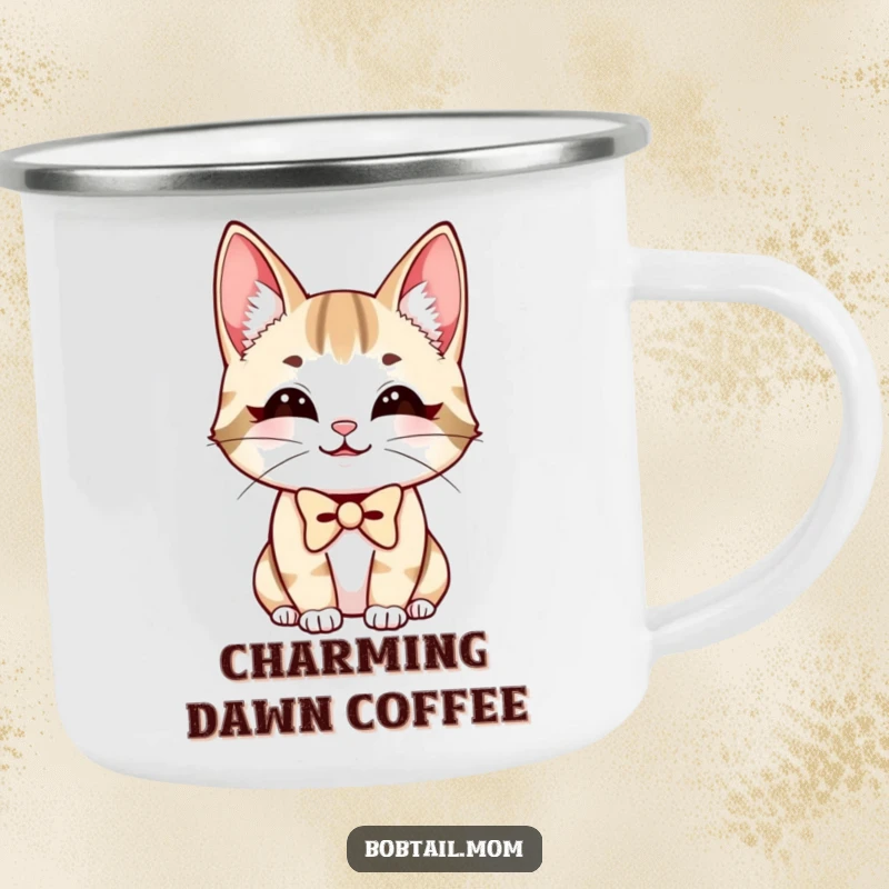 Funny Bobtail Cat Camping Mug boasting a charmingly smiling cat with a neat bowtie, ready for outdoor fun.
