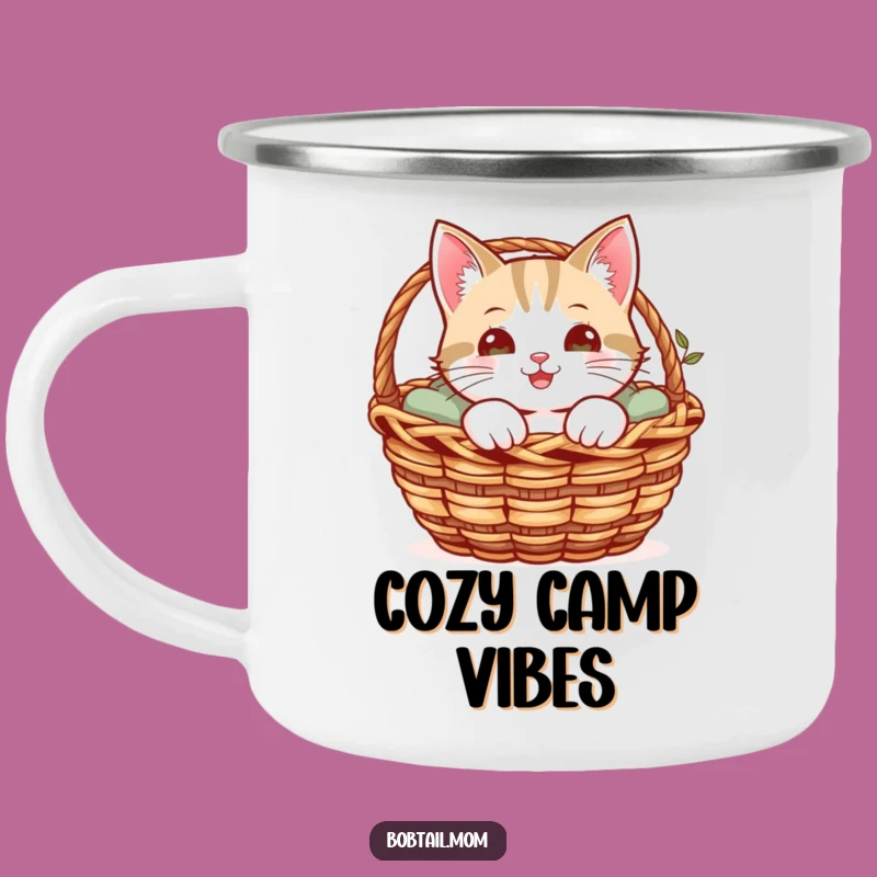 Funny Bobtail Cat Camp Mug: Cheerful Cat Peeking Out