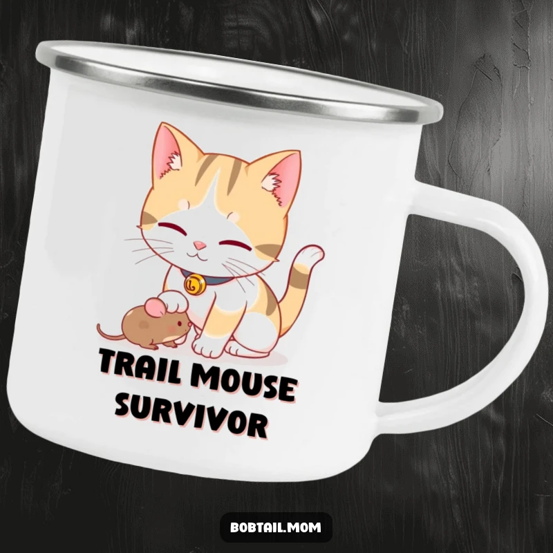 Funny Bobtail cat with a bell collar playfully nudging a toy mouse, designed for a durable, humorous camping mug.