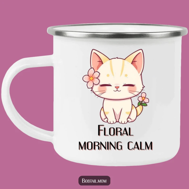 Funny Bobtail Cat Flower Camping Mug: Serene Outdoor Companion, Perfect Funny Gift
