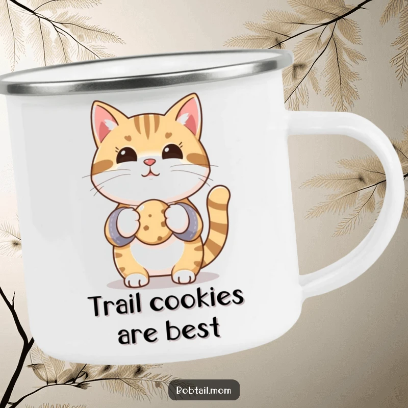 Funny Bobtail cat in oven mitts, holding a tiny cookie, perfect for outdoor cooks and coffee lovers.