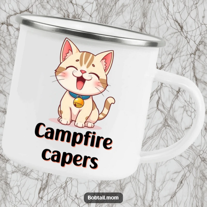 Funny Bobtail Cat Camping Mug: A mischievous Bobtail cat with a bell collar poses playfully, offering durable, humorous charm to adventures.