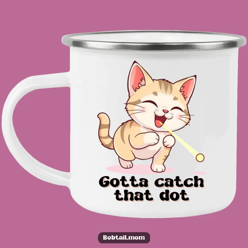 Funny Bobtail Cat Camping Mug: Delightful Laser Chase, Rugged & Humorous Outdoor Gift
